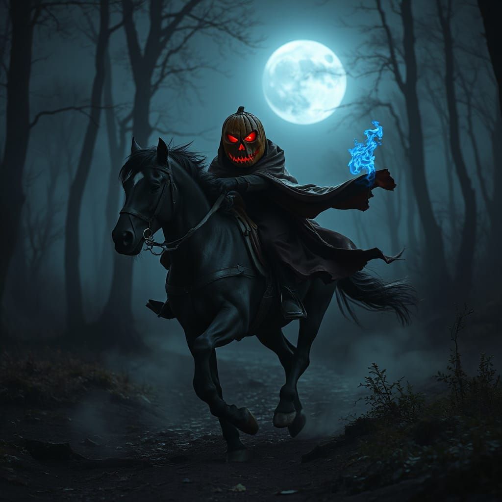 Headless Horseman Rides in Moonlit Gothic Horror Scene