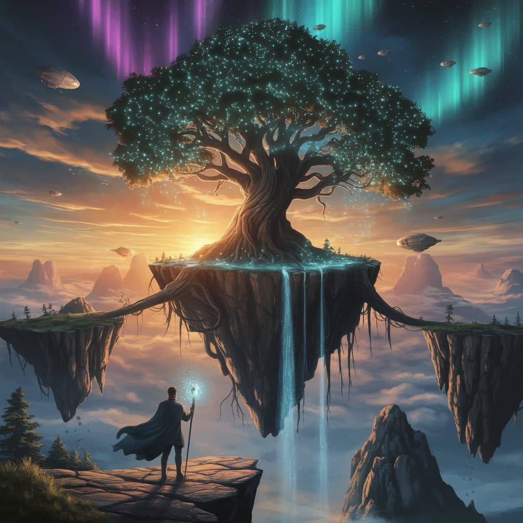 Ethereal Fantasy World at Sunset with Ancient Tree and Float...