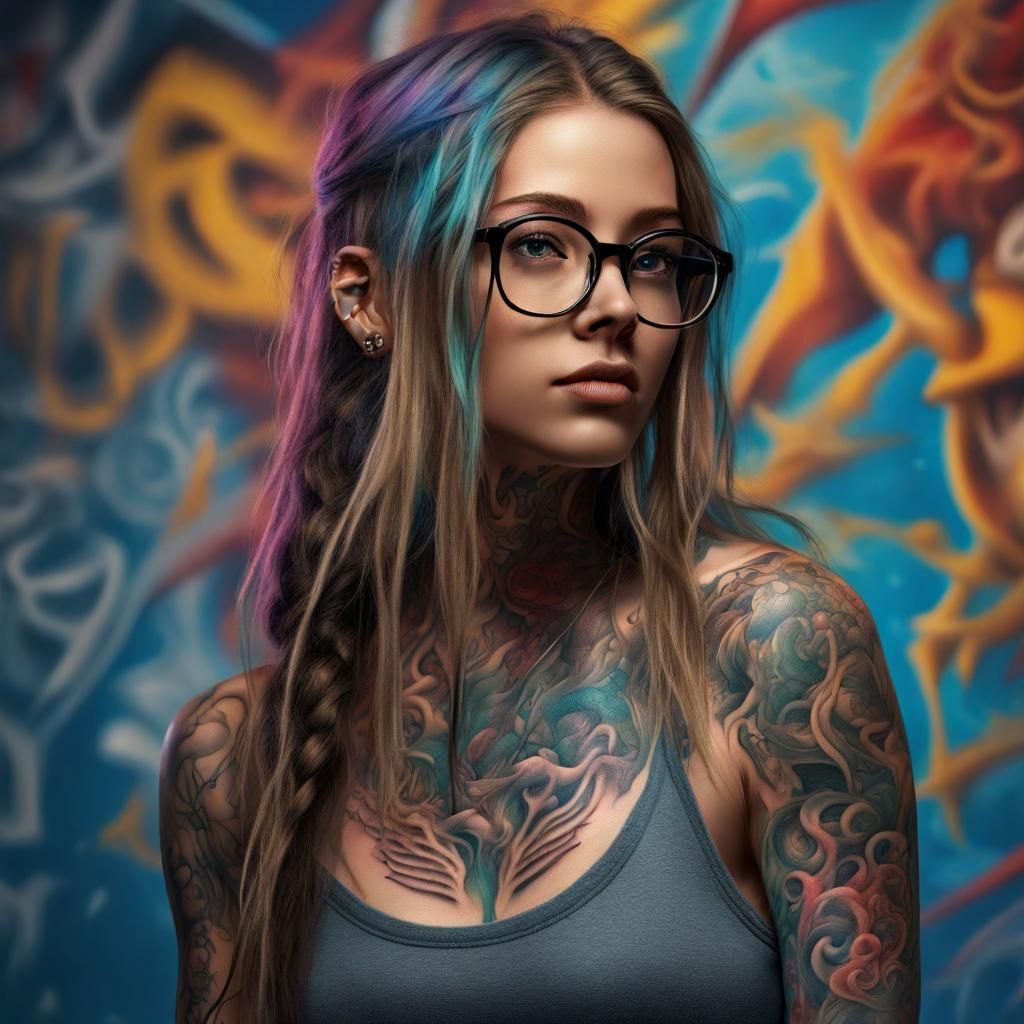 Girl with Tattoos in Hyperrealistic Splash Art