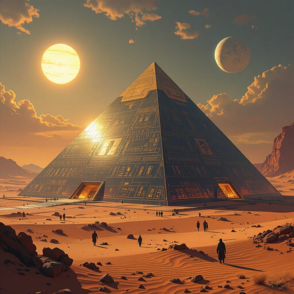 Colossal Glass Pyramid in Alien Desert Landscape