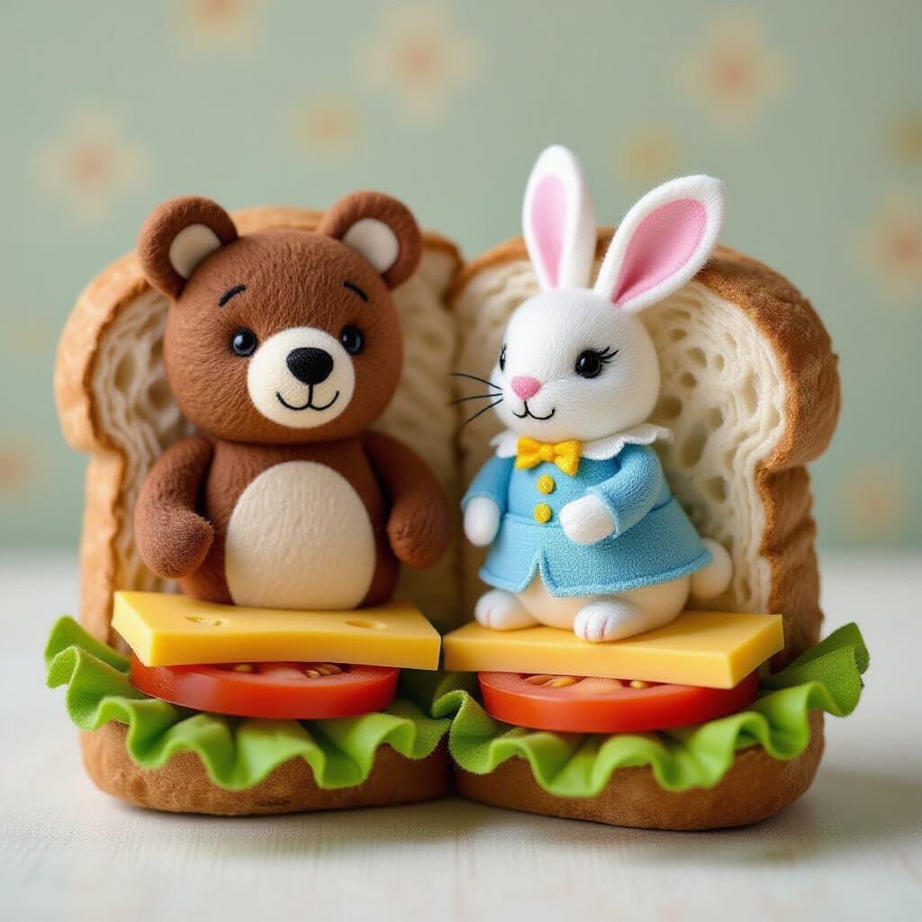 Felt Sandwich with Bear, Rabbit, and Frog as Watercolor