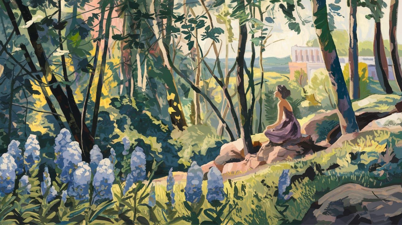 Pointillist Forest Scene with Woman and Flowers