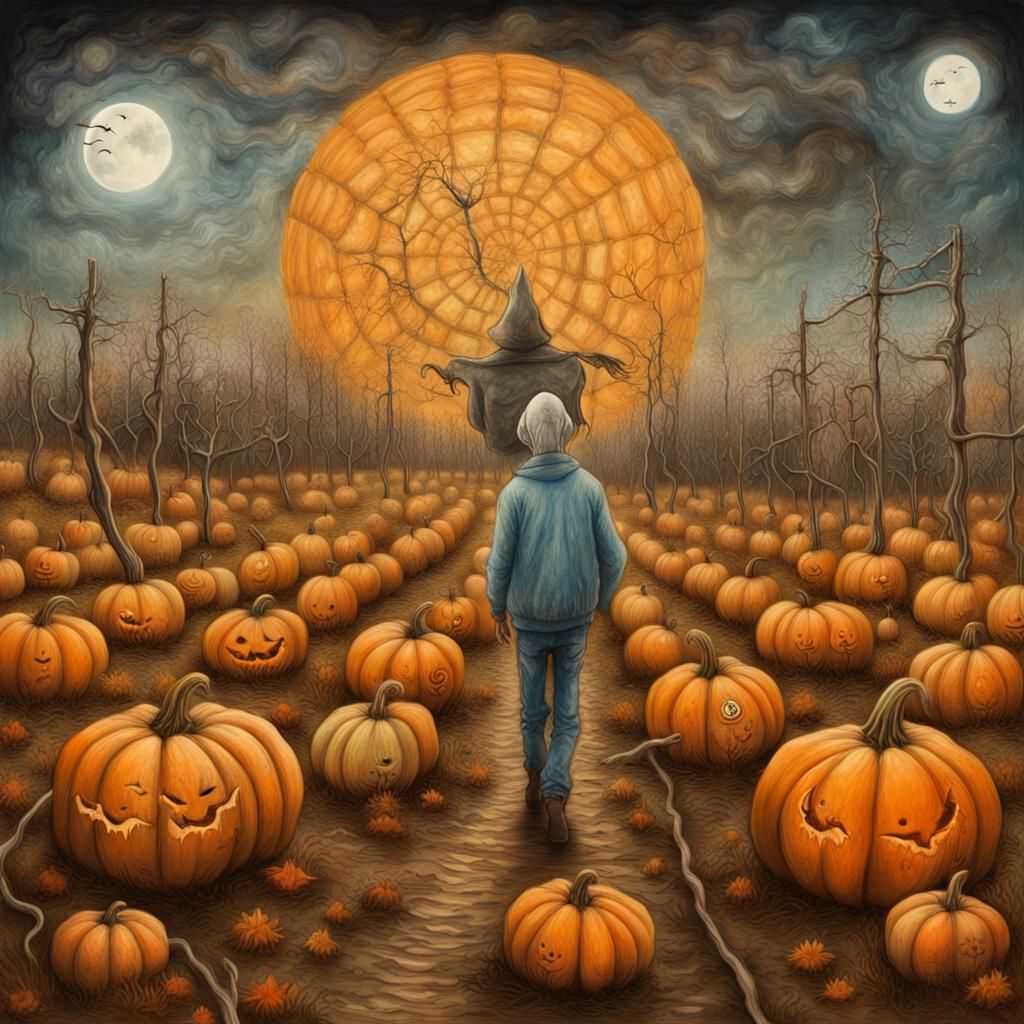 Surreal Pumpkin Patch Figure in Mixed Artistic Styles
