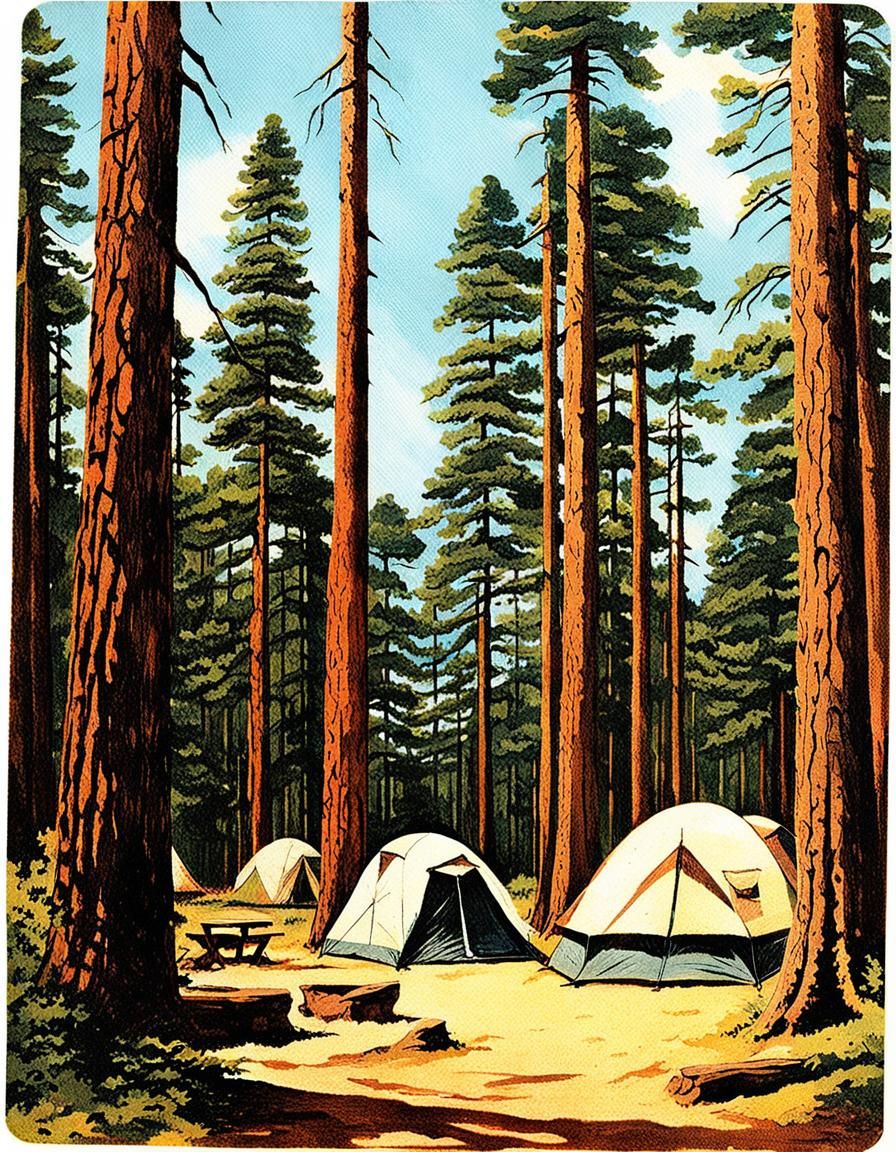 Vintage Postcard: Pine Forest Camping Adventure