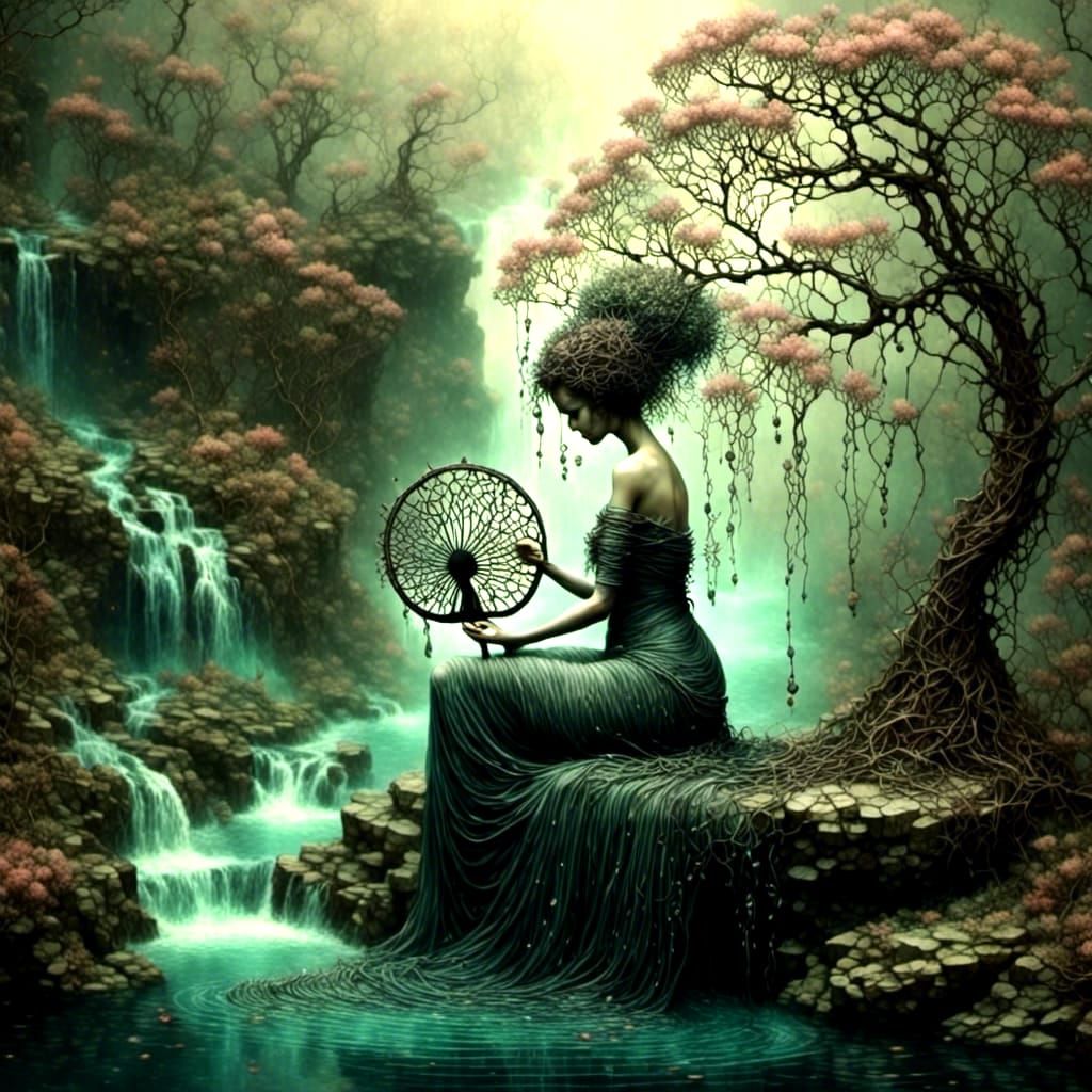 Ethereal Apsara Beside Waterfall in Sumi-nagashi Style