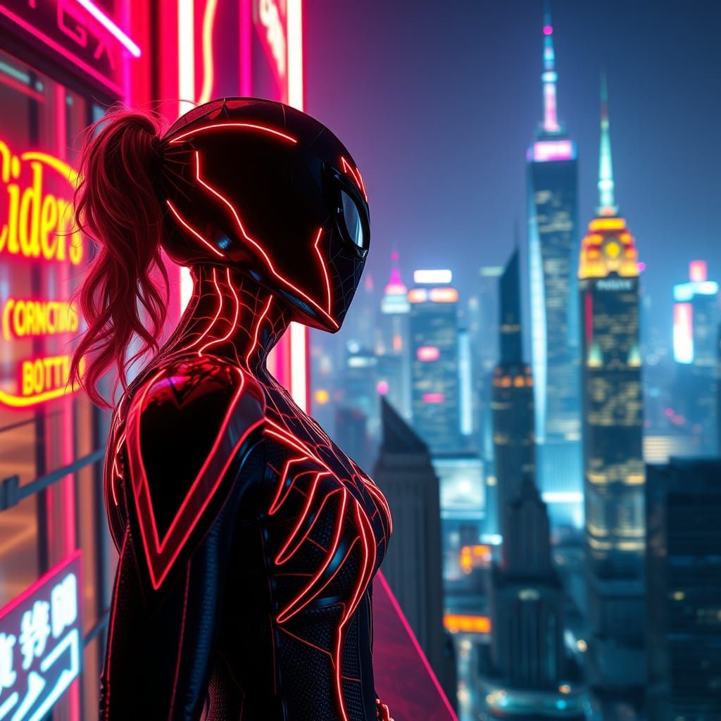 Neon Spiderwoman Surveys Futuristic City