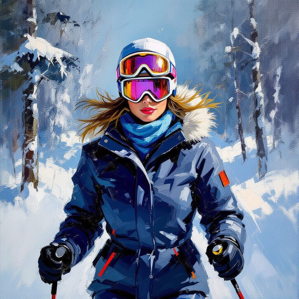 Woman Cross Country Skiing Amidst Snowy Trees in Abstract St...