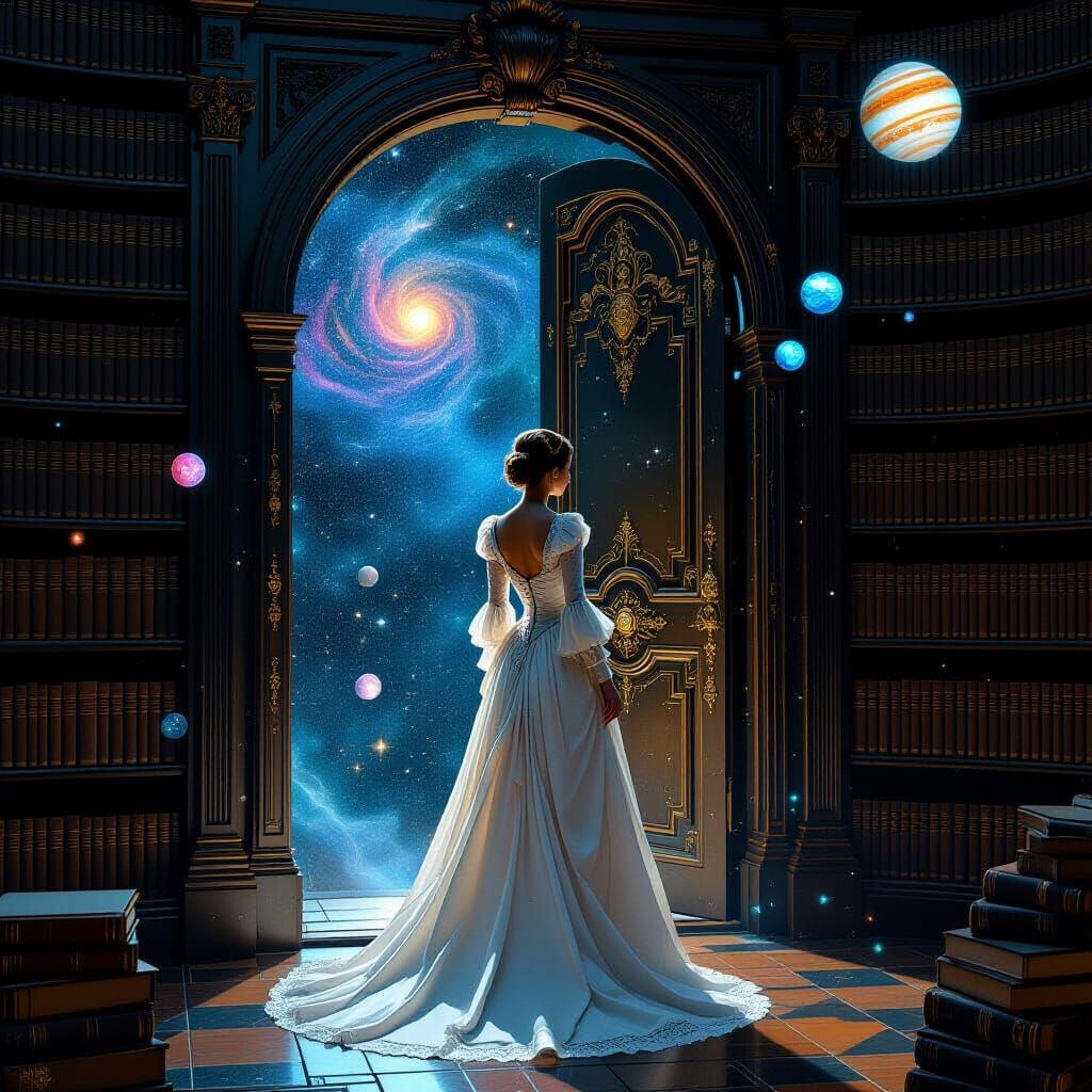 Woman in Library with Cosmic Doorway, Dreamlike Art
