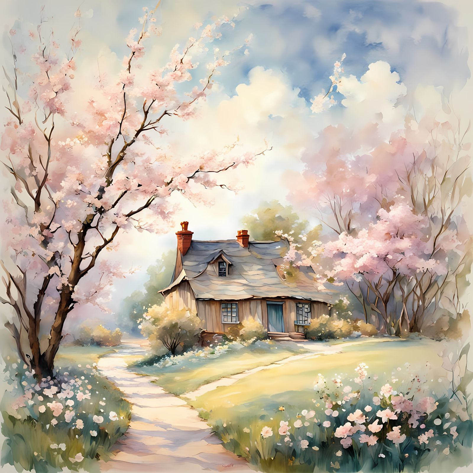 Vibrant Floral Scene in Whimsical Watercolor Style