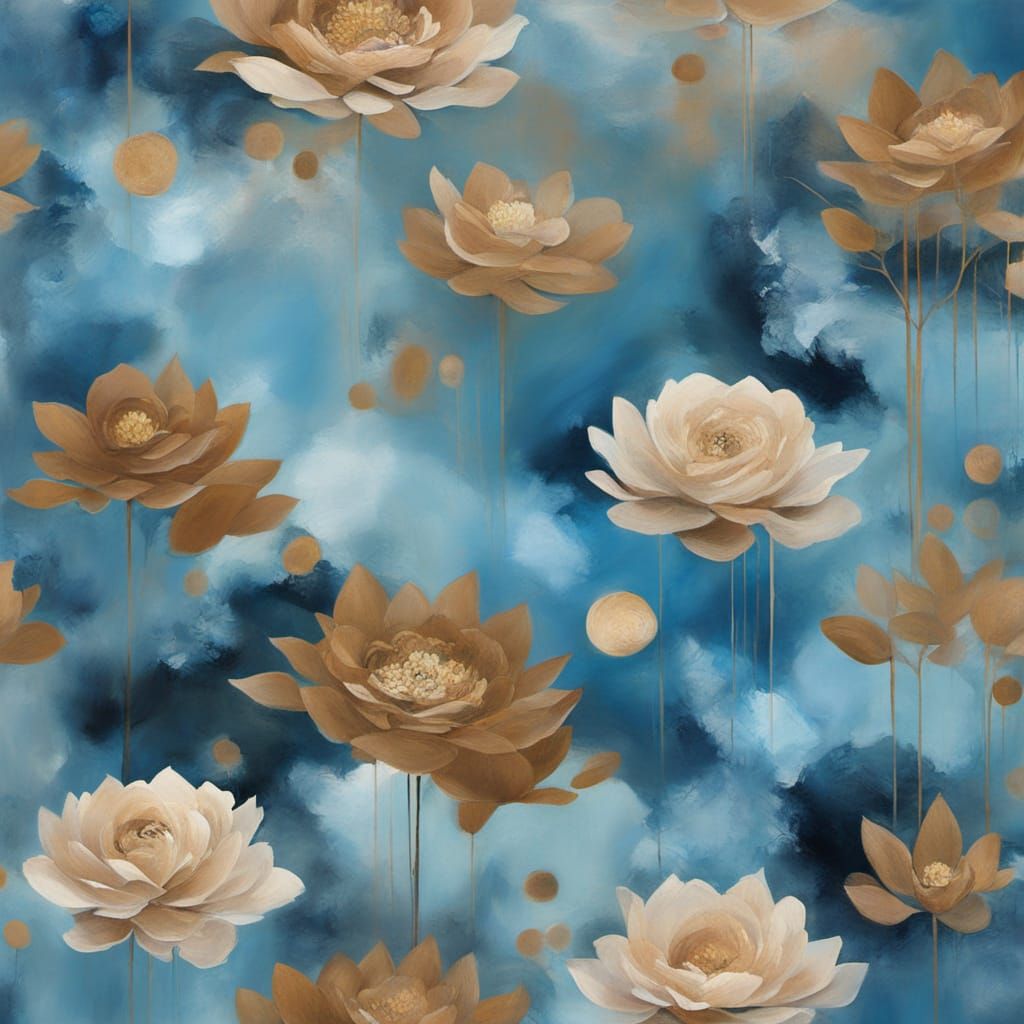 Abstract Surreal Floral Painting in Blue and Gold
