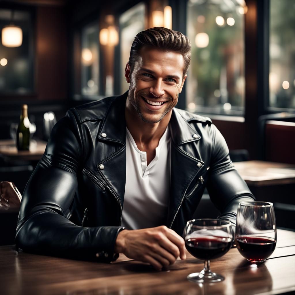Masculine Man in Leather Jacket with Wine