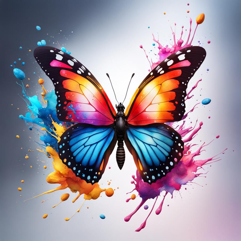 Watercolor Butterfly with Colorful Paint Splashes