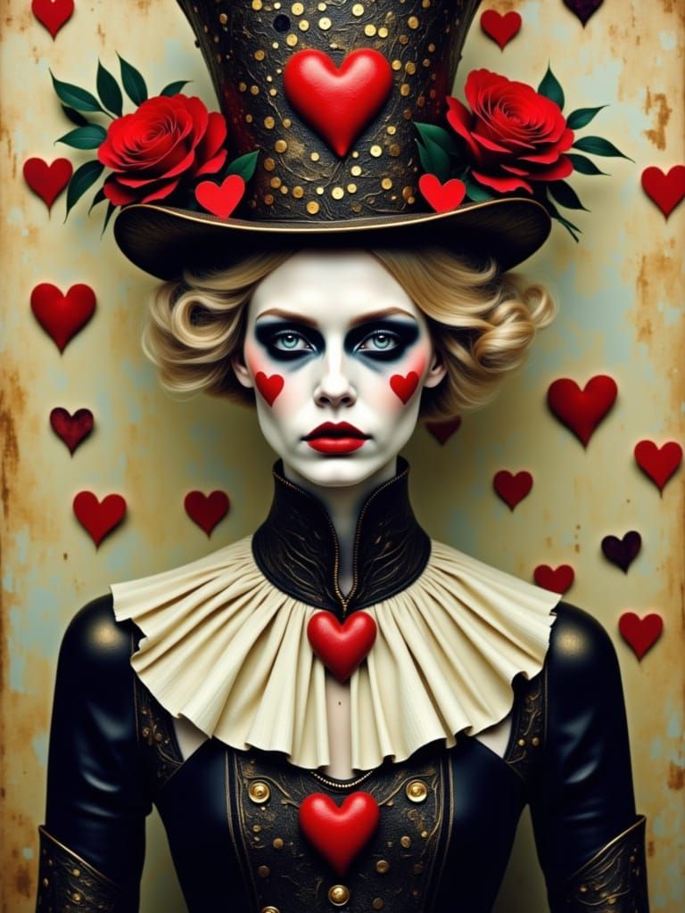 Surreal Queen of Hearts Figure in Cyberpunk Aesthetic