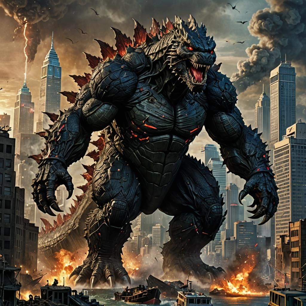 Godzilla vs Spider Monster in Burning City