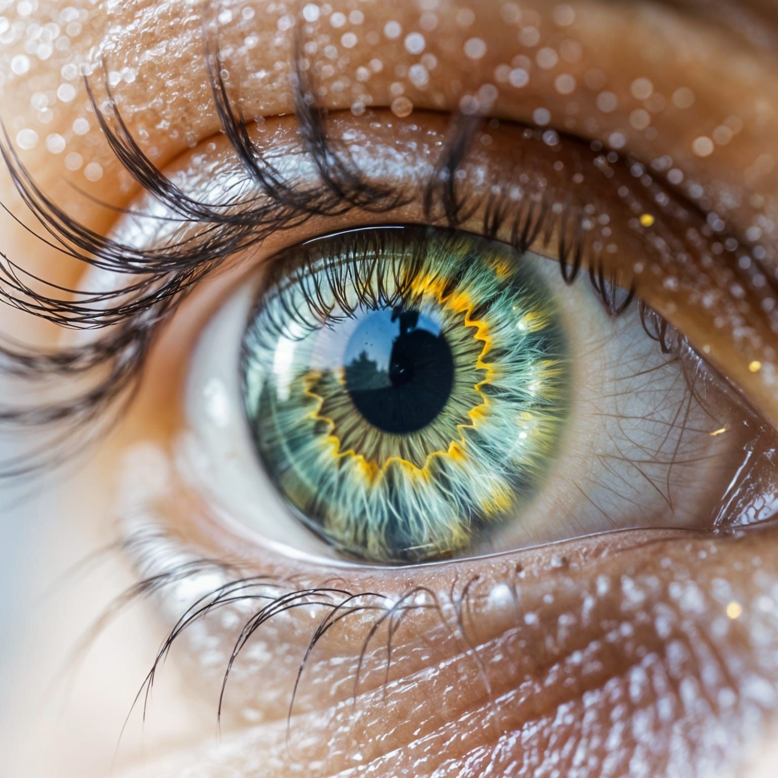 Eye Reflecting Shimmering Landscape in Macro Photo