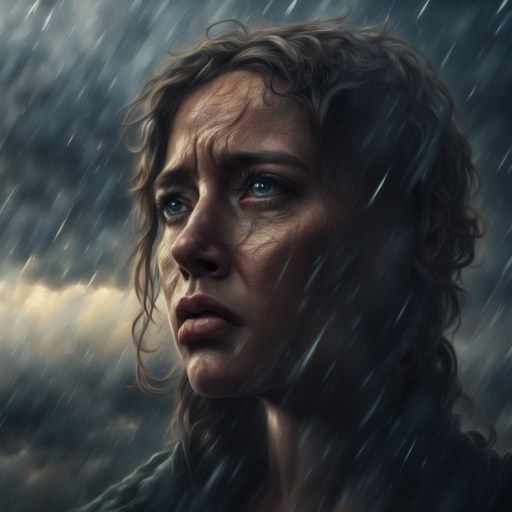 Tearful Face Gazing at Stormy Sky