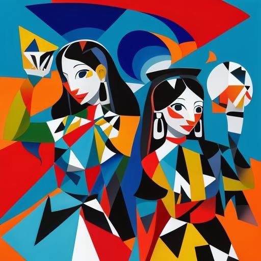 Vibrant Cubist Portrait of Two Asian Girls