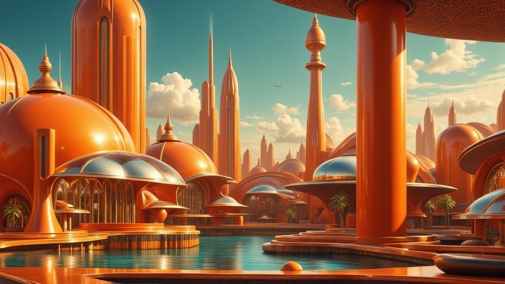 Retro Futurism Underwater City with Atomic Age Architecture