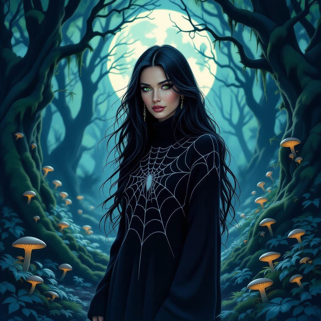Mystical Wiccan Woman in Moonlit Forest