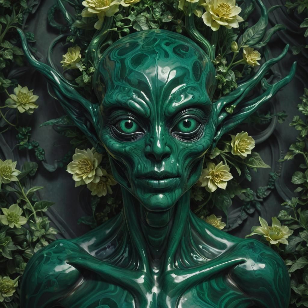Malachite Alien Statue with Floral Mask, Hyperrealistic Styl...