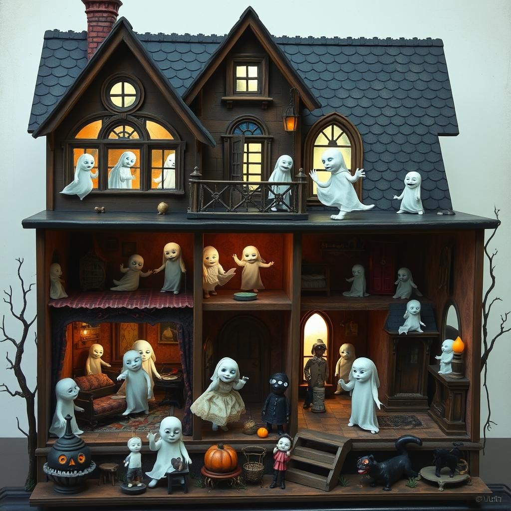 Haunted Dollhouse with Miniature Ghosts in Naïve Art Style
