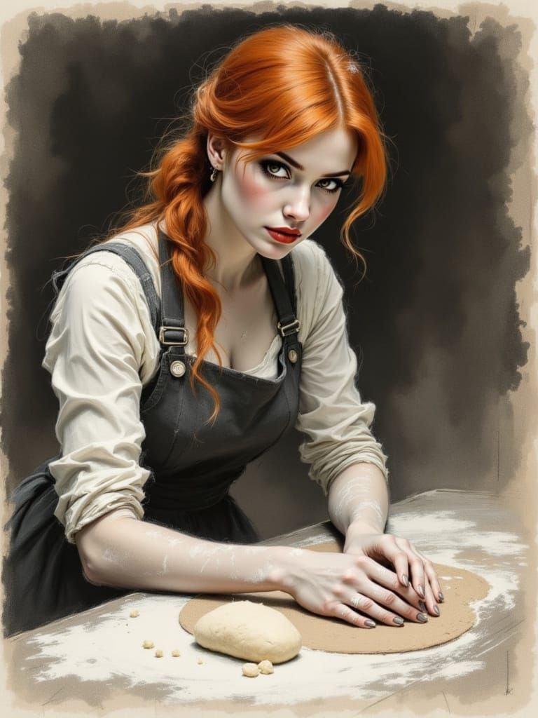 Redhead Baker Kneading Dough in Bustling Kitchen