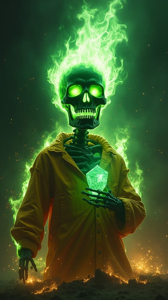 Infernal Skeletal Figure Erupts with Neon Flames