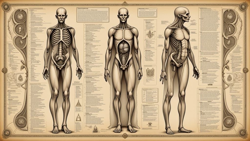 Macabre Human Anatomy Blueprint, Occult Illuminated Manuscri...