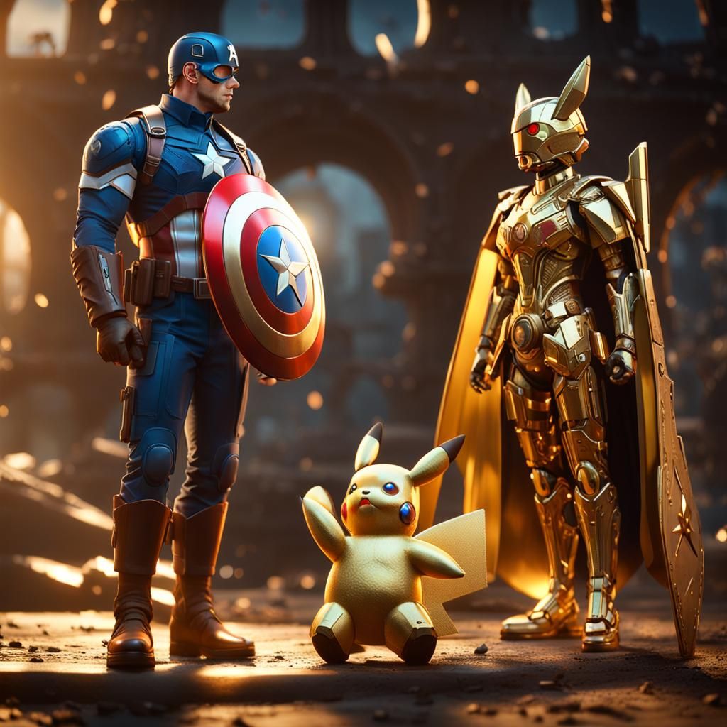a radiant and vibrant portrayal of Captain America, Leia Organa, and Pikachu bathed in a golden light, emanating a sense...