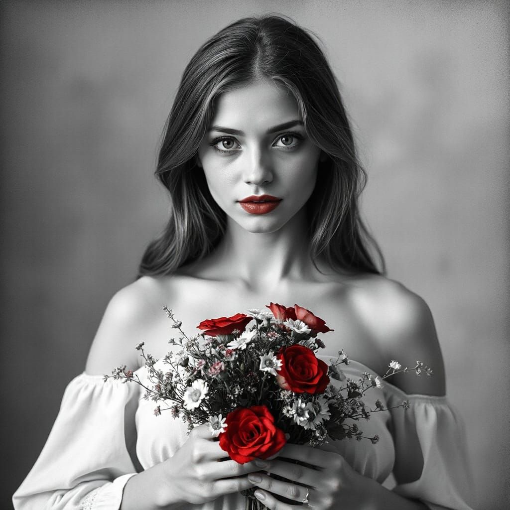 Woman with Red Lips and Flowers in Academic Style