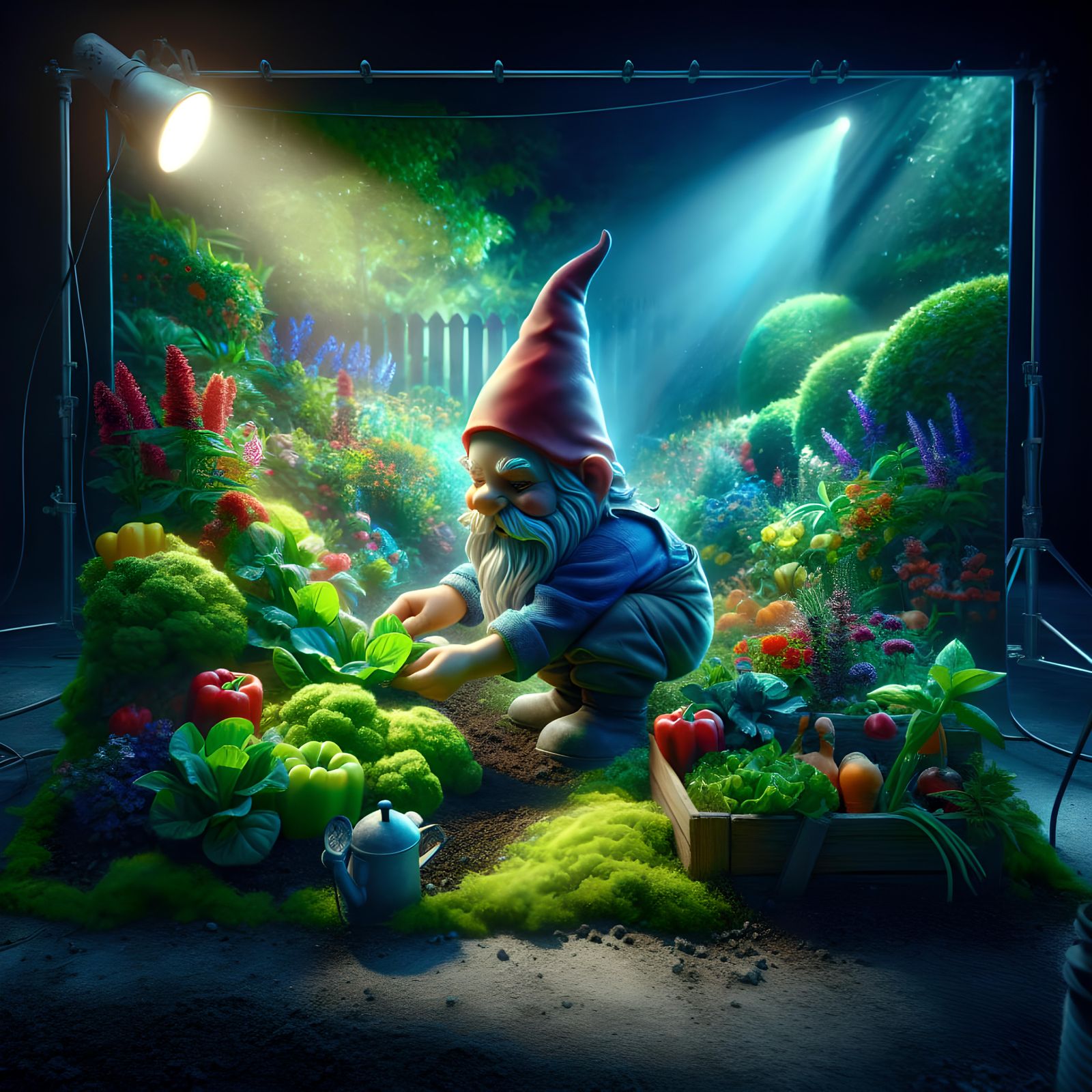 Hyperrealistic Garden Gnome Plants Vegetables in Colorful Ga...