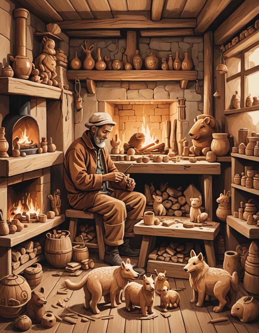 Peasant Carving Toys, Art Nouveau Illustration