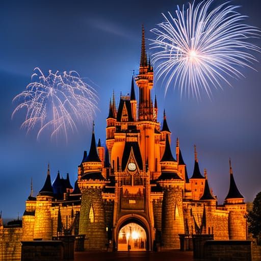 Disney Castle Fireworks Display in Hyperrealistic Style