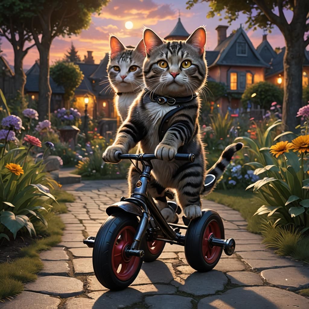 Grayscale Cat Rides Tricycle: Dark Fantasy Art