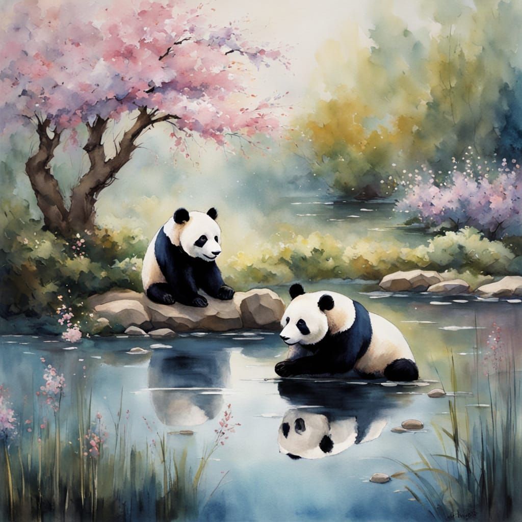 Serene Panda in Traditional Japanese Watercolour Landscape