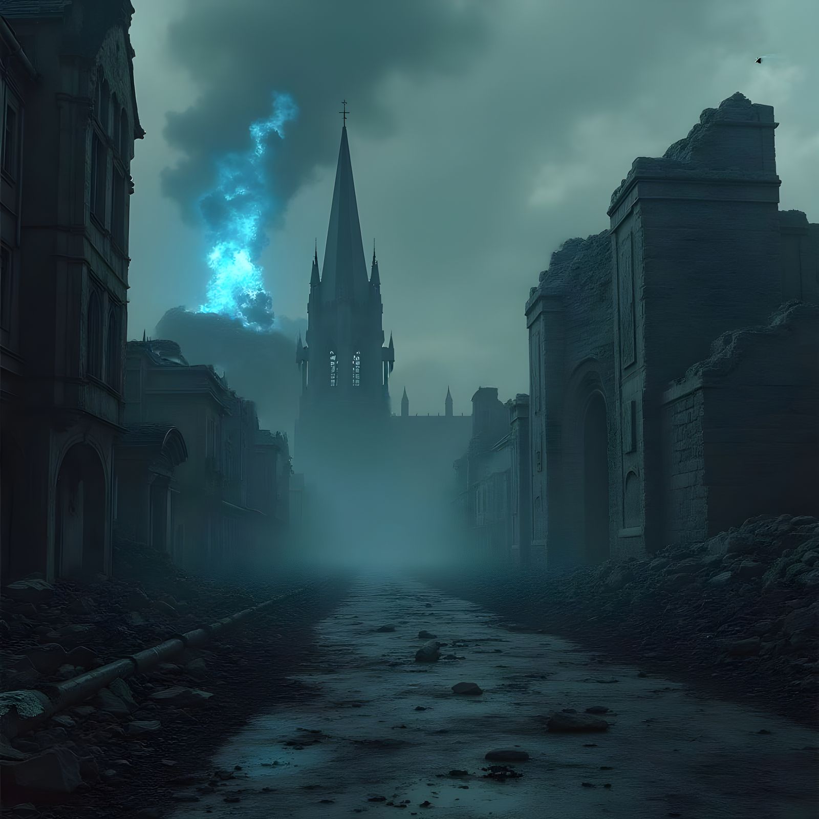 Grimdark Future Battlefield in Ruin with Burning Church Spir...