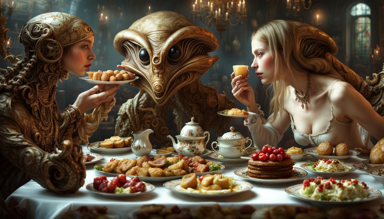 Bizarre Feast: Dreamlike Alien Celebration in Magical Realis...