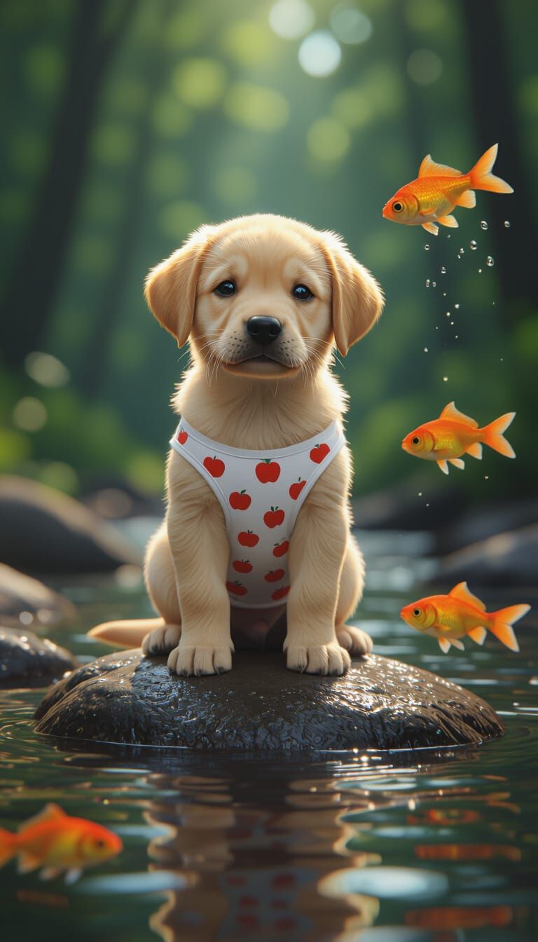 Labrador Puppy in Stream, Hyper-Realistic 3D Cartoon