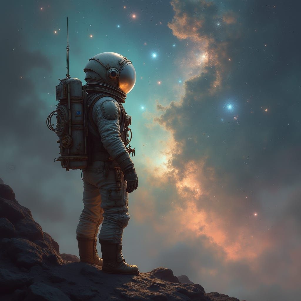 Steampunk Astronaut Gazing at Nebula