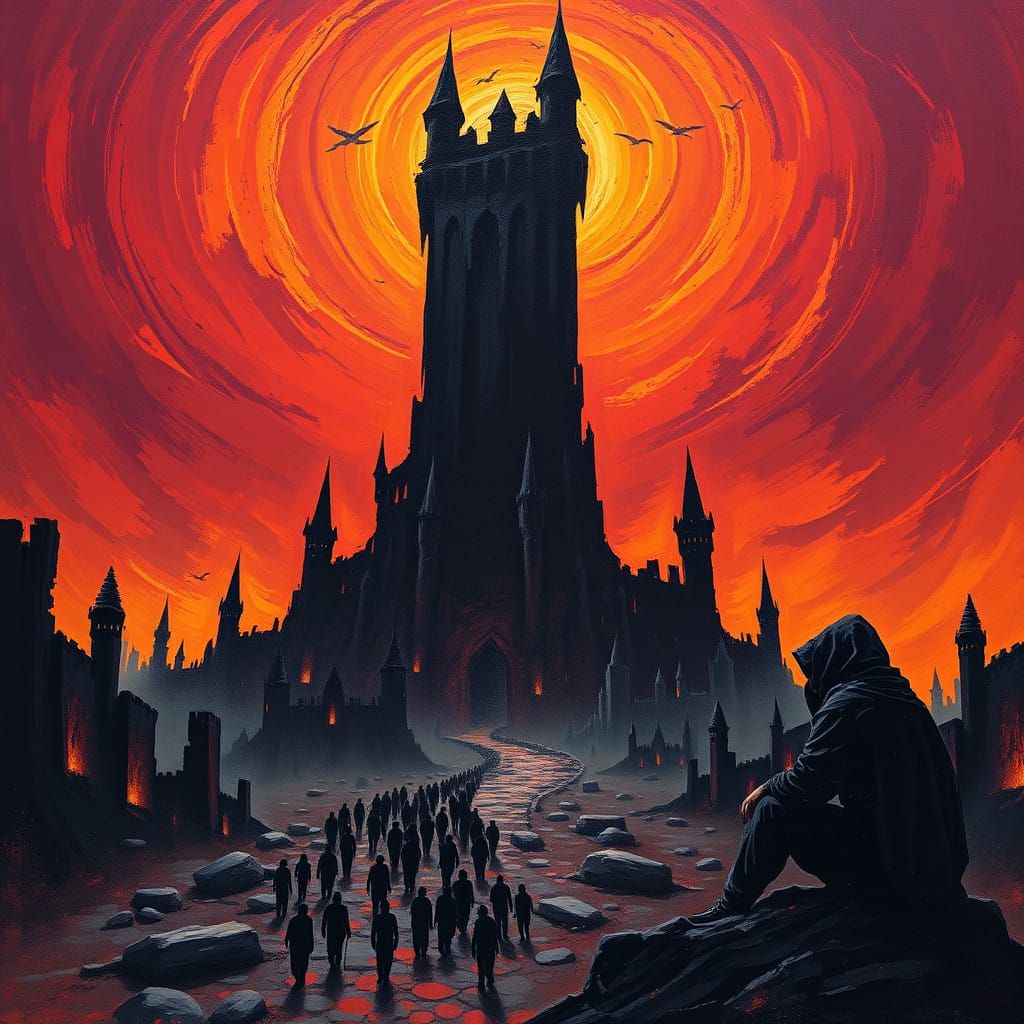 Dark Fantasy Landscape with Twisted Castle