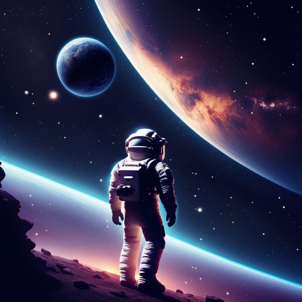 Astronaut Floating Near a Distant Galaxy