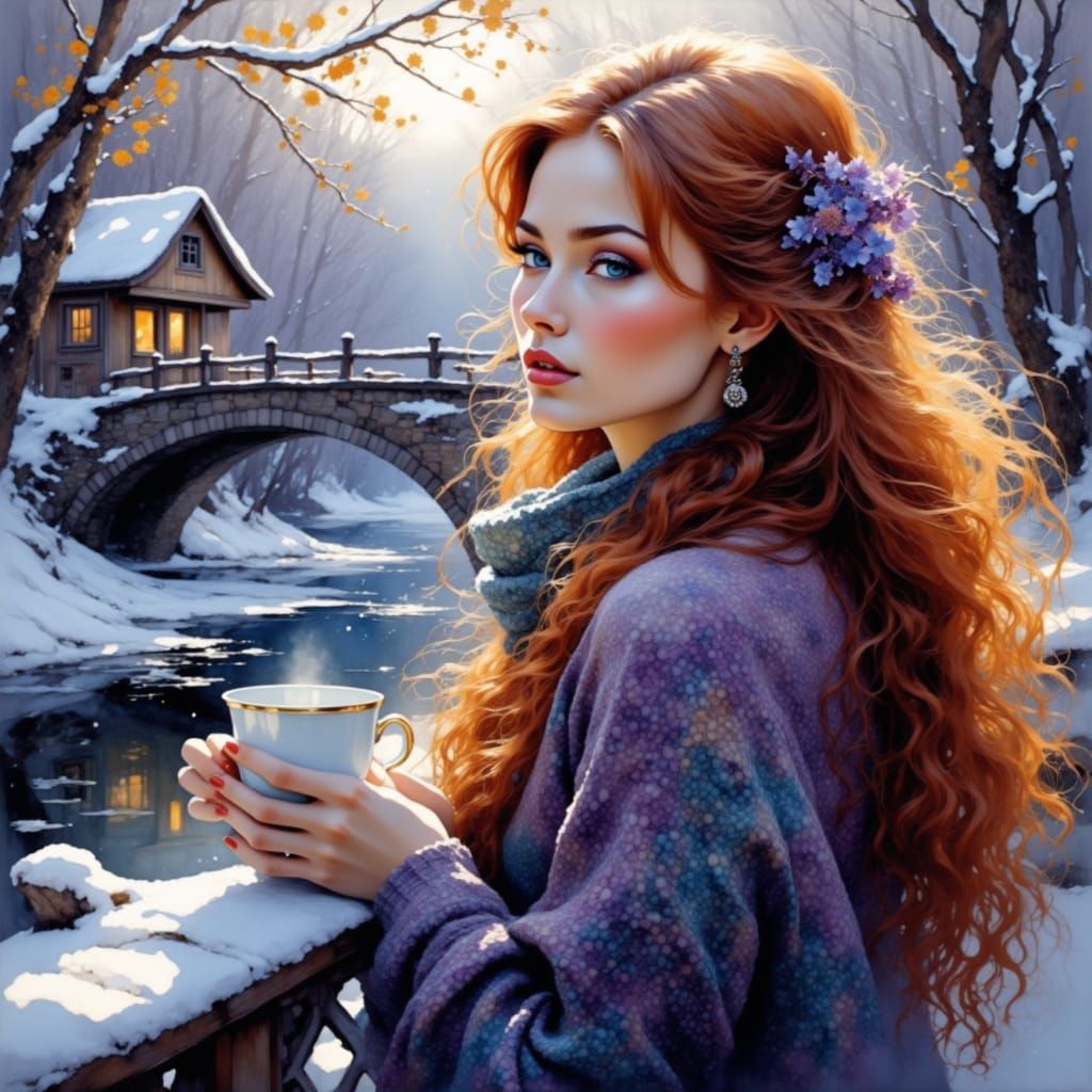 Woman with Coffee by River in Winter Landscape