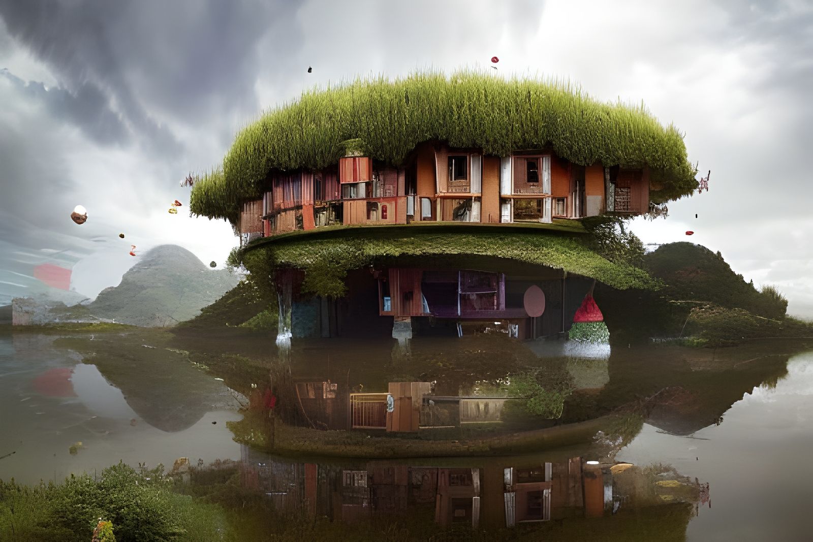 Floating Hobbit Village with Rainbow Fireworks
