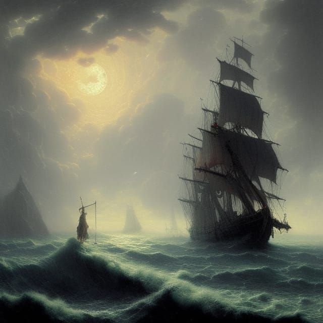 Stormy Pirate Ship on Dark Sea, Ethereal Fantasy