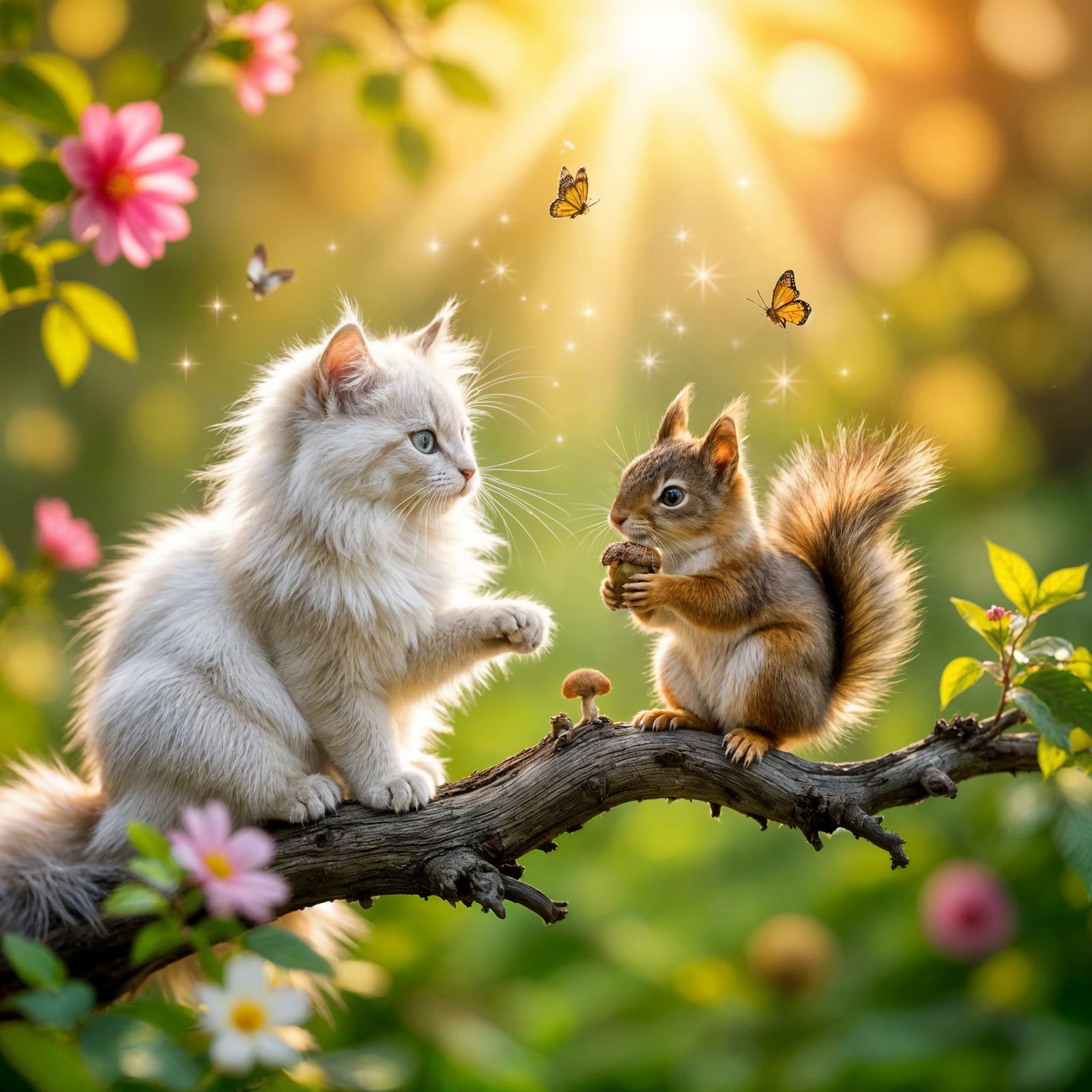 Whimsical Cat and Squirrel in Enchanted Forest