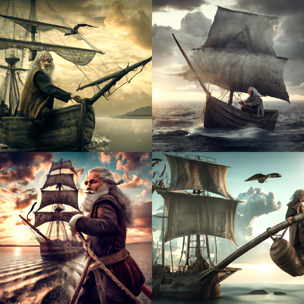 Old Man Sails to Horizon: Epic Digital Painting