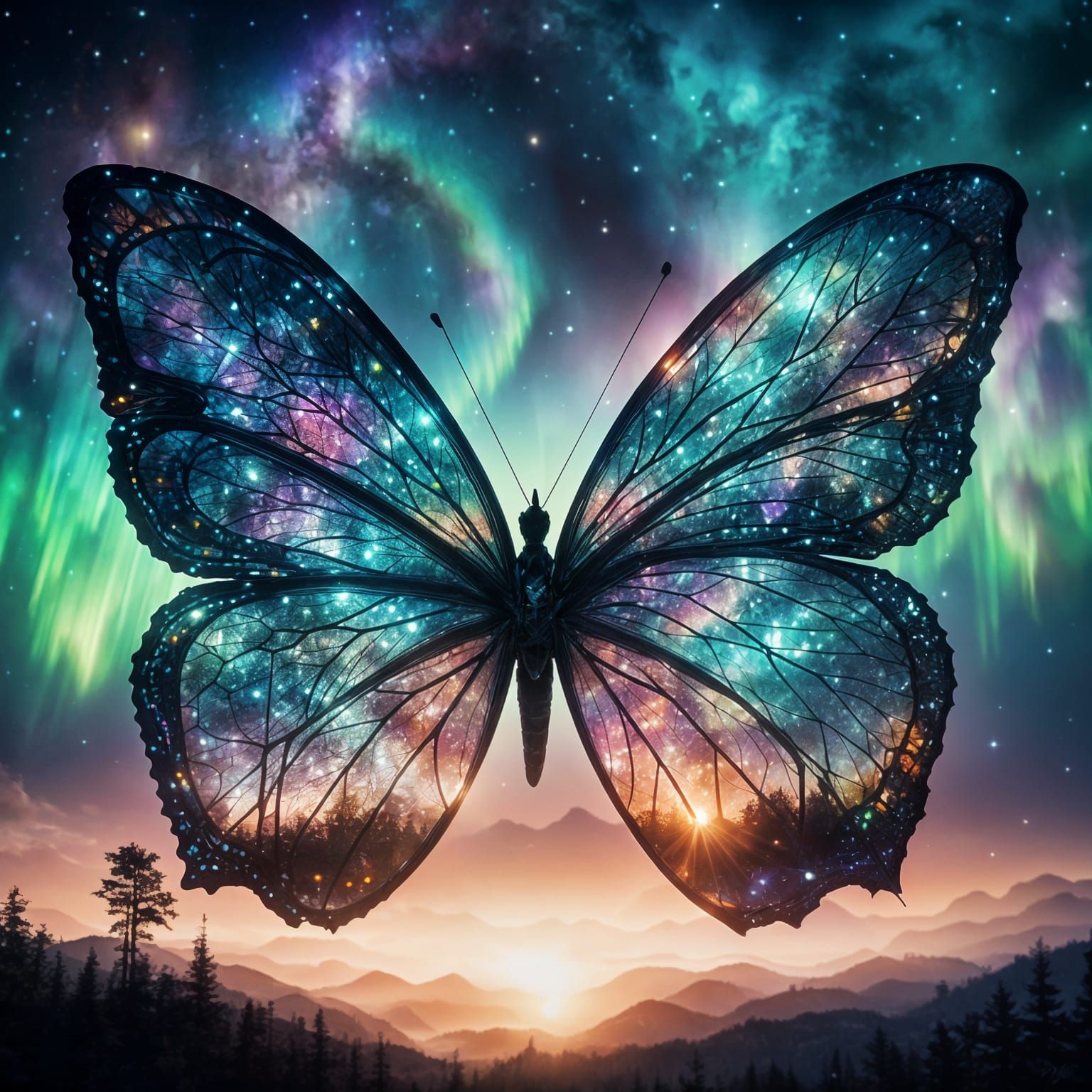 Biopunk Butterfly Silhouette with Aurora Sunset