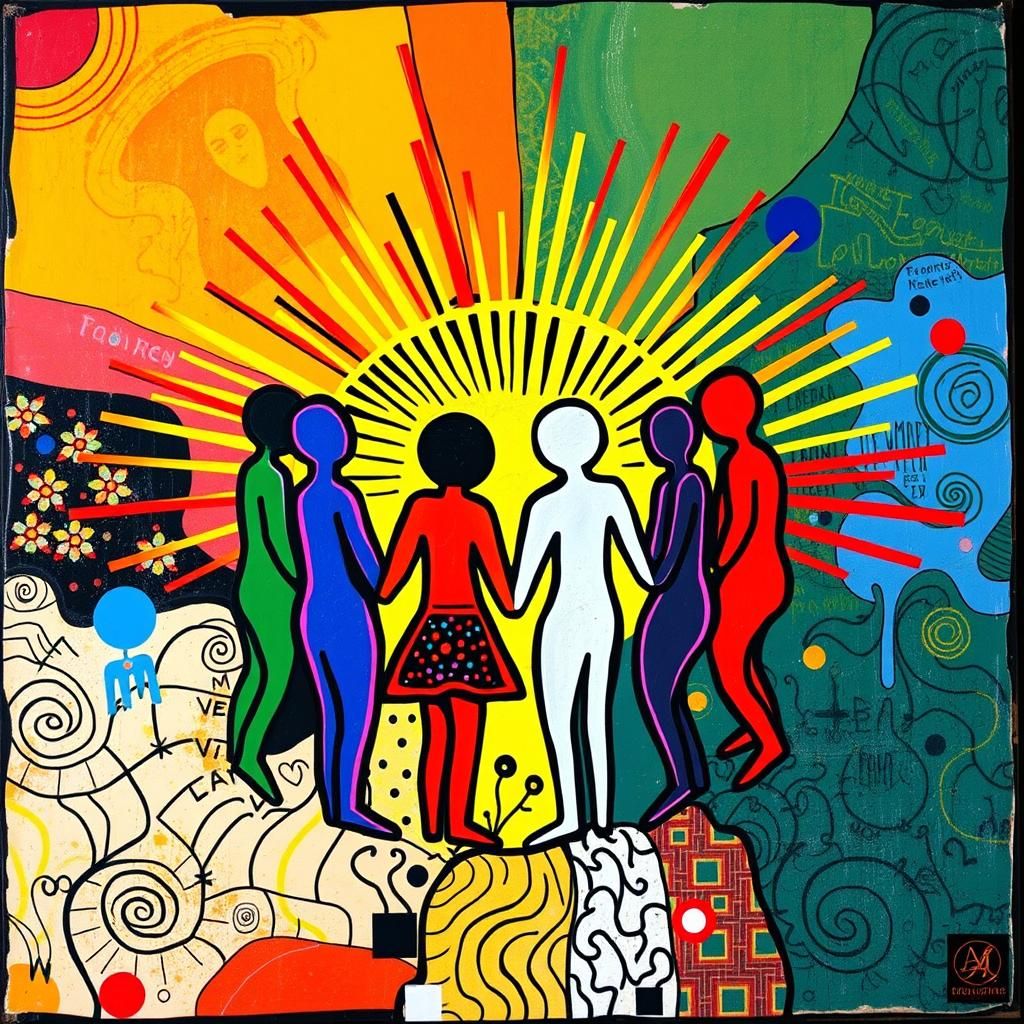 Art by Keith Haring, stylized figures forming a circle, each...