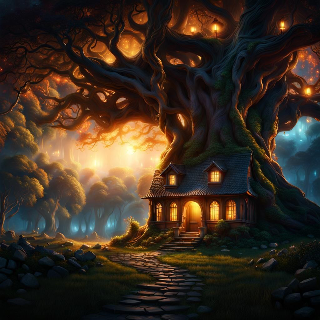 Enchanted Forest House at Night: A Digital Painting