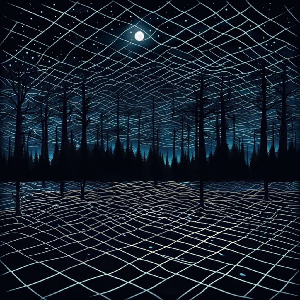 Serene Forest Under Rippling Grid Sky in Ghibli Style